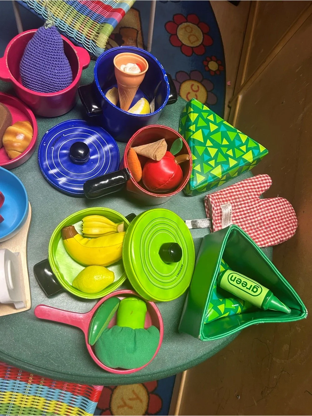 Kitchen play- colorful pans, food and wooden mixer